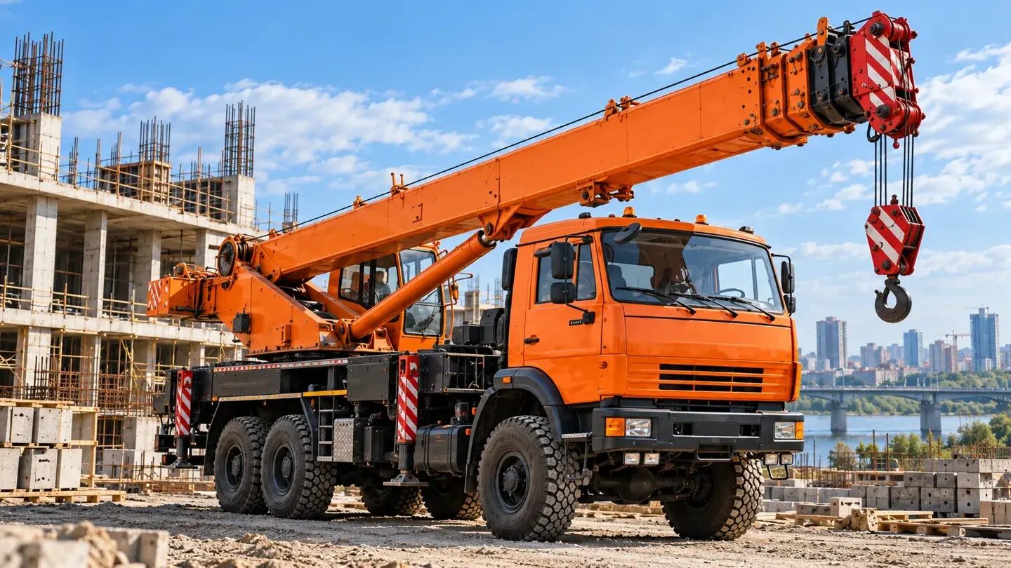 Оранжевый автокран на строительной площадке